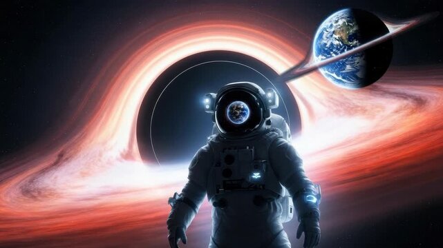 lone astronaut stands against vibrant accretion disk of supermassive black hole Earth is reflected in the helmet and also appears warped by gravity above encircled by ring of debris Stars fill the dar