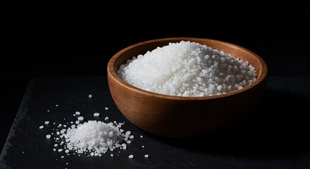 A Gourmet Touch: A close-up shot captures a wooden bowl filled with sea salt, with a sprinkle scattered on a dark surface. The scene highlights culinary finesse and seasoning perfection. 