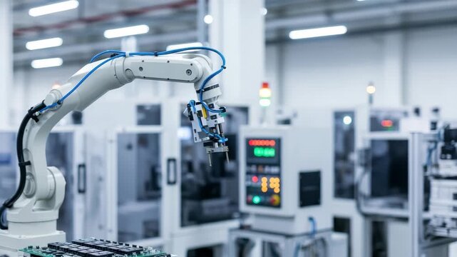 white robotic arm with blue lines precisely places components onto green circuit board Bright clean factory floor with blurred automated machinery and colored lights highlights modern industrial autom