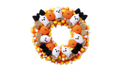 Candy corn and ghost wreath design, created AI, PNG