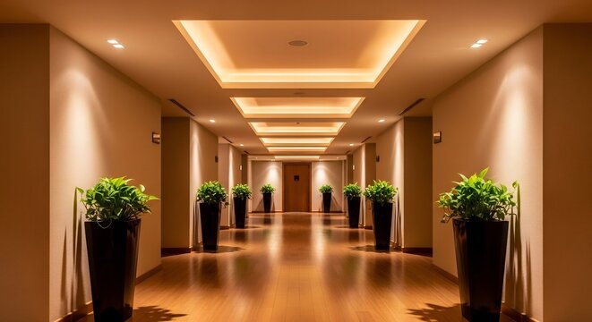 A long warmly lit hallway with wood floors plants and recessed ceiling lights creates a sense of depth and symmetry