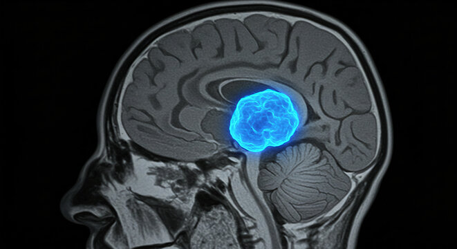 MRI Scan of Human Brain Showing Pituitary Tumor &ndash; Highlighted Red Mass in Brain Imaging