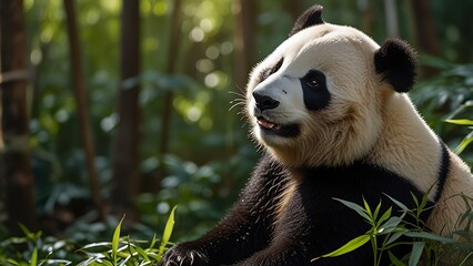 Obraz premium Ultra realistic image of a panda in the wild eating bamboo with soft focus and calm atmosphere