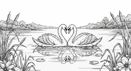 Porcelain design depicting a pair of swans and a lake in dark black 