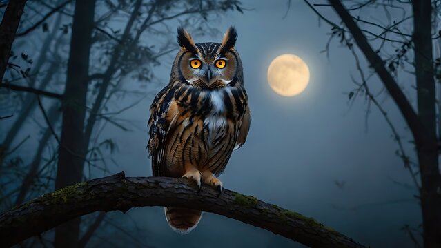 Ultra detailed nocturnal owl photograph on tree branch with mist and soft moonlight