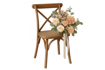 Rustic wooden chair with wedding flower bouquet decoration