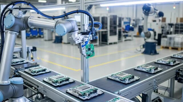 robotic arm precisely places green circuit board onto an electronic assembly on conveyor belt in bright automated manufacturing facility Other robotics operate in the background