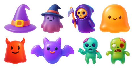 Fototapeta premium PNG Colorful cartoon Halloween characters, element set on transparent background