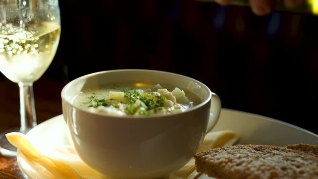 Pouring Olive Oil on Creamy Chowder with Rustic Bread