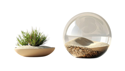   Mini Sandscape Terrarium and Pebble Succulent Bowl Duo, isolated on transparent background