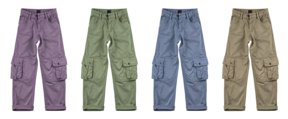 long cargo pants in four colors isolated on white background