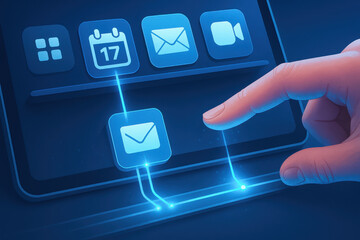 Ai agent workflow automation digital interface with fingertip tapping email and calendar icons creating connected communication flow