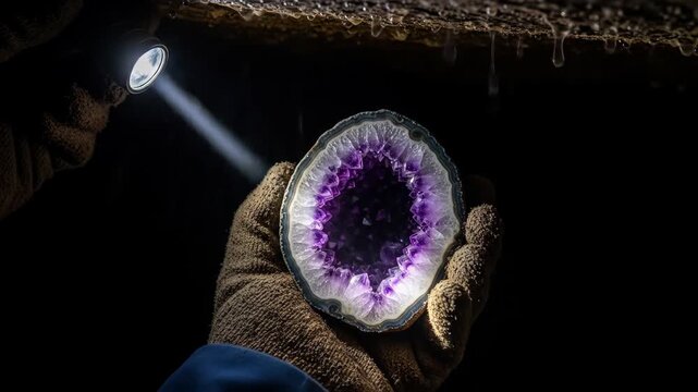 A Miner's Find: Flashlight Illuminating a Purple Amethyst Geode Slice in a Dark Cave