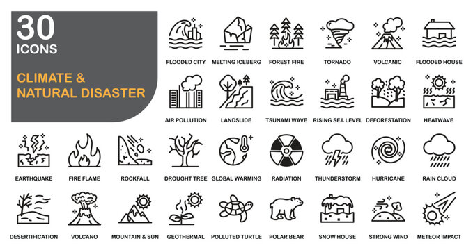Outline icon pack showing climate change, global warming, and natural disasters in clean minimal line style.