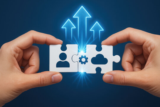 Ai agent workflow automation puzzle connecting human gear cloud and growth arrows symbolizing collaboration progress and efficiency