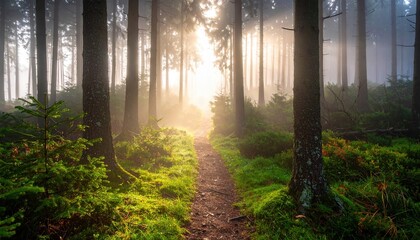 Fototapeta premium Serene forest pathway illuminated by soft morning light, surrounded by mist and lush greenery