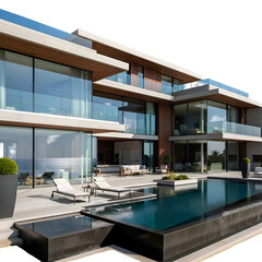 Modern architecture showcases a luxurious villa with pool and ocean view elegantly