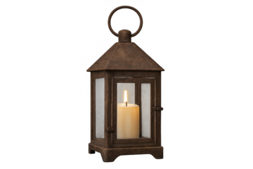 Old rustic metal lantern holding burning candle flame