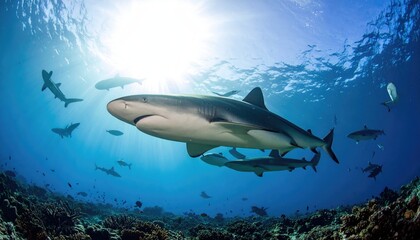 Fototapeta premium Underwater Scene with Sharks Swimming in Clear Blue Ocean with Sun Rays Filtered Through Water Surface and Coral Reef at Bottom