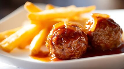 Boulets à la Liégeoise isolated on a contemporary white plate, large meatballs in sweet and sour sauce with onions