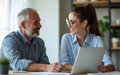 Mature mentor senior leader man showing young woman employee project on laptop in office. Two partners, colleagues, team of professional financial business people working at desk. Banner, copy space