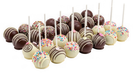 Assorted cake pops with chocolate and sprinkles isolated on transparent background