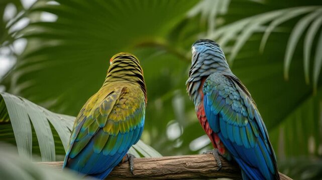 Two vibrant parrots one green-yellow-blue one blue-red-green face each other on wooden branch amidst lush tropical foliage Their colorful feathers stand out against the green background