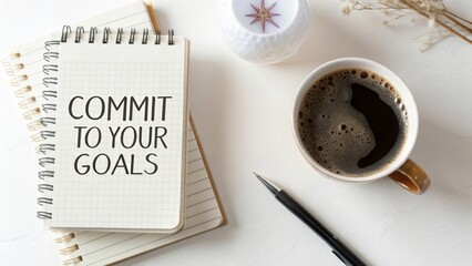 Inspirational workspace scene featuring coffee, notebook, and motivational quote about commitment to personal goals