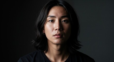 Fototapeta premium Focused Portrait: A captivating headshot of a person, with their features highlighted against a moody background, conveying intensity and depth.