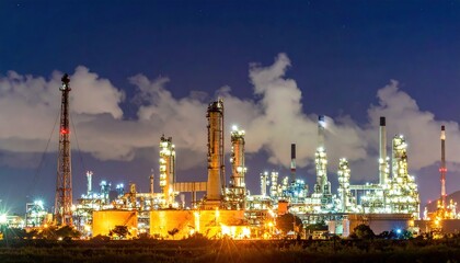 Fototapeta premium Night view of a bustling industrial complex with illuminated towers and smokestacks against a cloudy sky