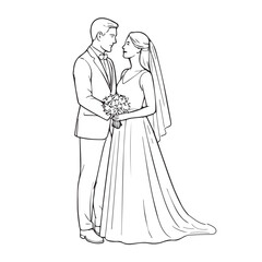 Vector illustration of a married couple standing together, romantic black and white theme, outlined with bold black lines, elegant minimalist wedding concept.