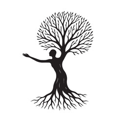 Vector silhouette illustration of an abstract tree whose roots and branches form a human figure, black and white design with bold black outline.