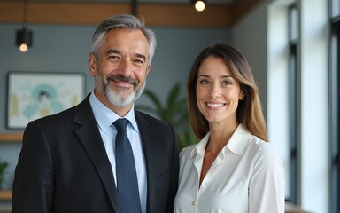 Smiling Latin middle aged business man and woman in office, portrait. Two happy confident professional mature corporate executive leaders company managers standing in office looking at camera.