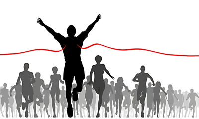 Silhouette of a runner crossing the finish line with arms raised in victory, followed by a crowd.