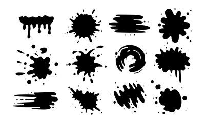 Twelve black ink splatter designs, including drips, bursts, and brush strokes, isolated on a white background.