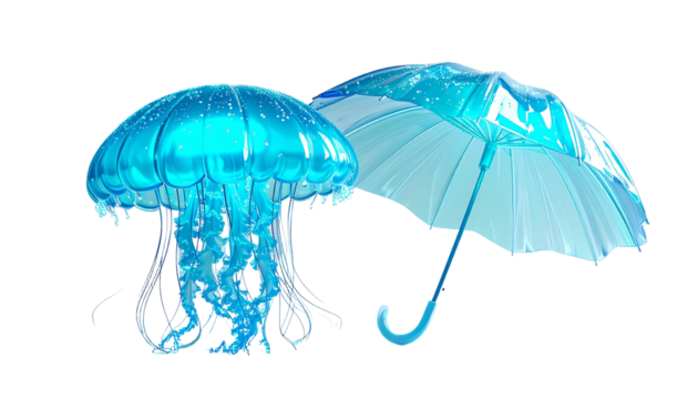   Transparent Jellyfish Umbrella and Luminous Tentacle Parasol Bundle, isolated on transparent background
