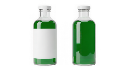Two glass bottles with green liquid isolated on transparent background, one with label