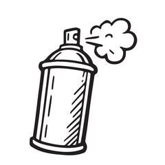 Vector illustration of a spray paint can, drawn in black and white with bold black outline, simple artistic concept emphasizing street art style.