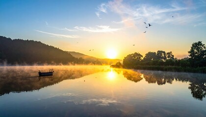 Serene sunrise over a misty lake with a lone boat, surrounded by lush trees and birds in flight
