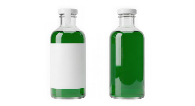 Two glass bottles with green liquid isolated on transparent background, one with label