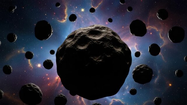 vast asteroid field showcases prominent dark textured space rock in the foreground with numerous smaller asteroids scattered The background features vibrant nebula with blue purple and orange hues dot