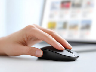 Close up of hand using black computer mouse on white desk with blurred laptop screen in background, showing focus and ease