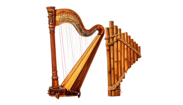  Woven Bamboo Xylophone and Reed Flute Duo, isolated on transparent background
