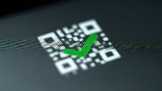 QR code with green check mark symbol on digital screen representing verified data and fake news concept