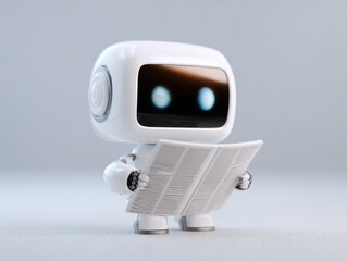 Cute robot reading fake news with glowing eyes on digital screen in futuristic concept