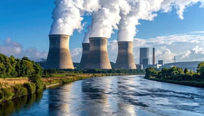 Cooling towers releasing steam beside a serene river, with lush greenery and a clear blue sky