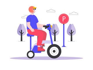 Man wearing a helmet riding an electric scooter. Modern transportation illustration. Flat vector illustration.