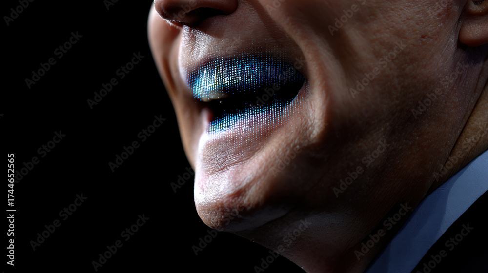 Wall mural fake news concept showing close up of man mouth with digital pixel effects creating distorted speech