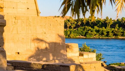 Ancient temple by river at sunset