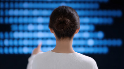 Woman points at blurred screen with blue text highlighting impact of fake news in digital communication and media